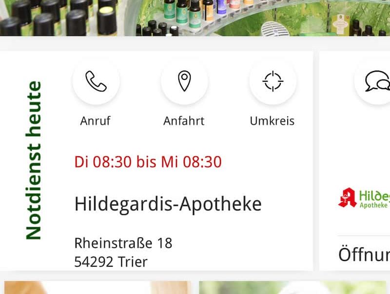 Ausscnitt der Notdienst Suche der Hildegardis Apotheke